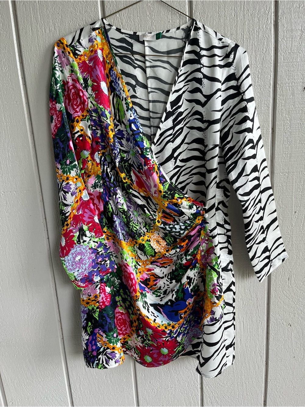 RIXO Silk Blend Abba Wrap Mini Dress in Mixed Floral Mono Tiger Size M